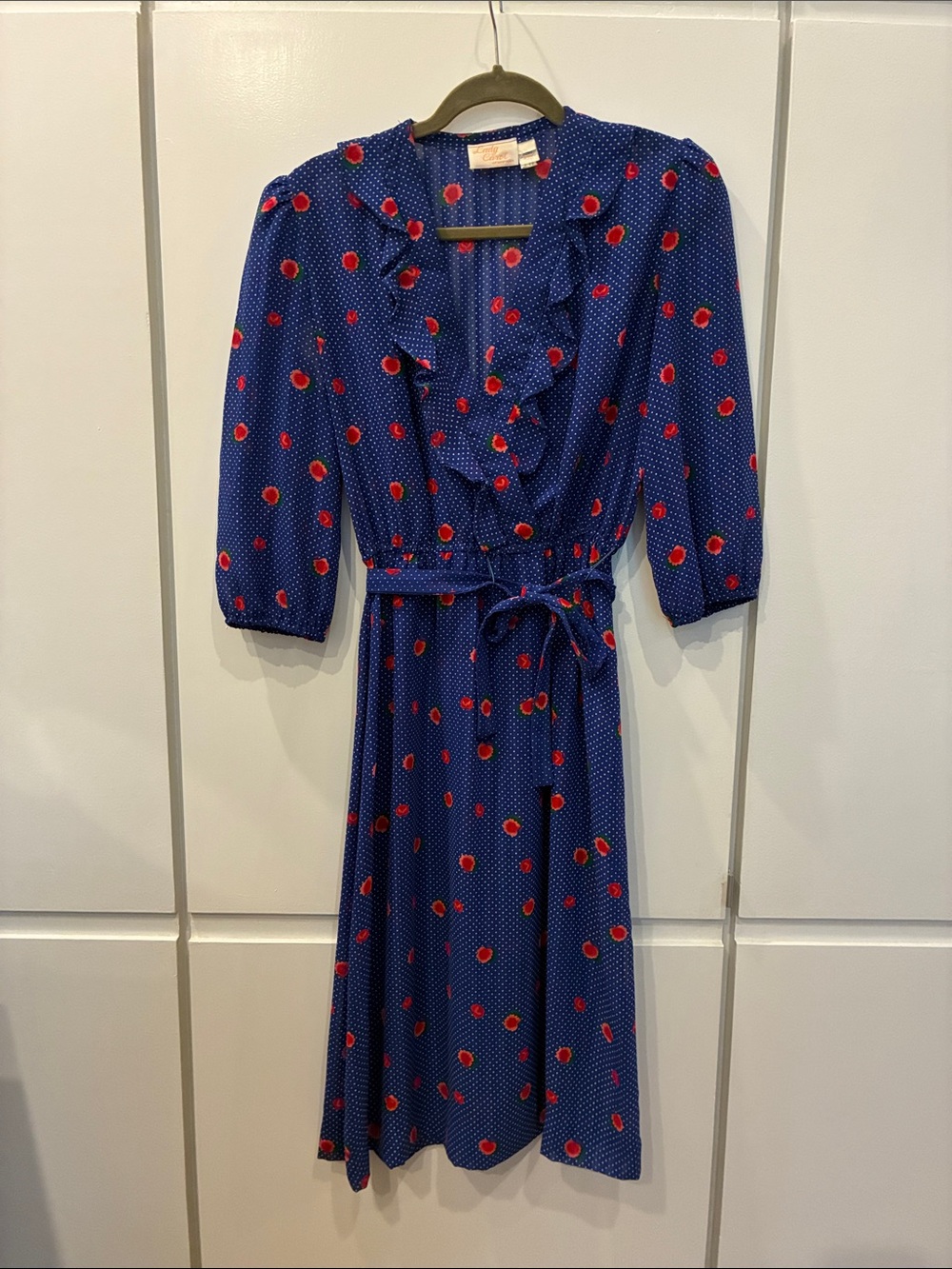 Vintage Blue Polka Dot Ruffle Wrap Dress with Red Flowers, slip included